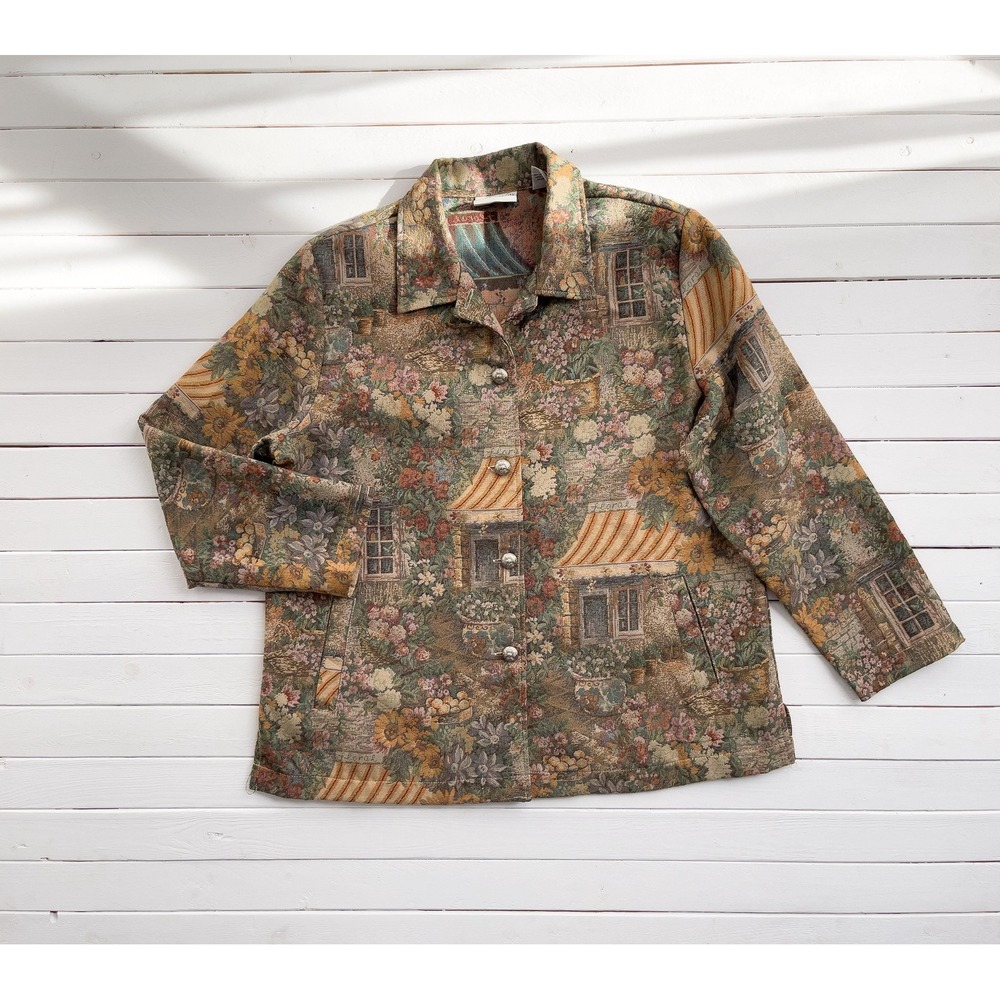 tapestry jacket 90s vtg Appleseeds cottagecore English garden woven blanket coat